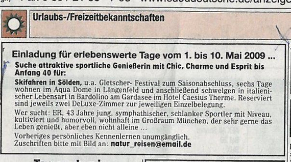 Zeitungsanzeige Freizeit Begleitung