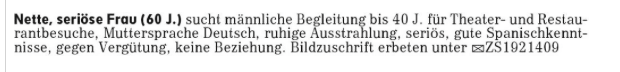 Zeitungsanzeige Suche männliche Begleitung